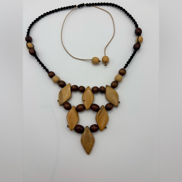 Artisan Hand-Carved Wooden Geometric Bib Statement Necklace - Picture 8 of 12